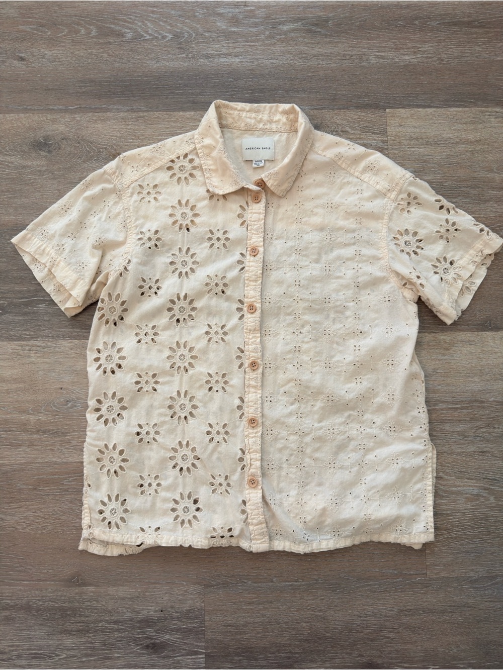 American Eagle Outfitters Cream Eyelet Short-Sleeve Button-Down Shirt
